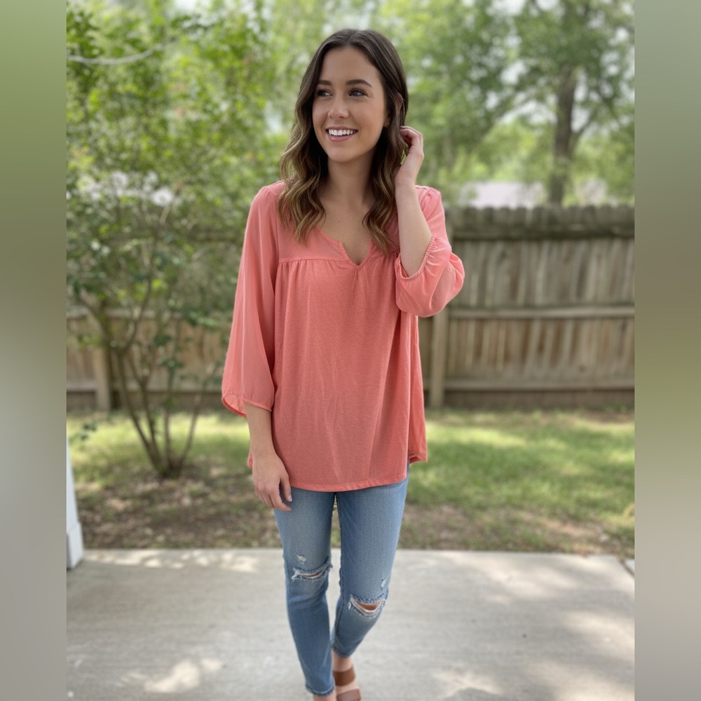 American Rag Boho Sheer Panel Top - Coral Pink - Size Large